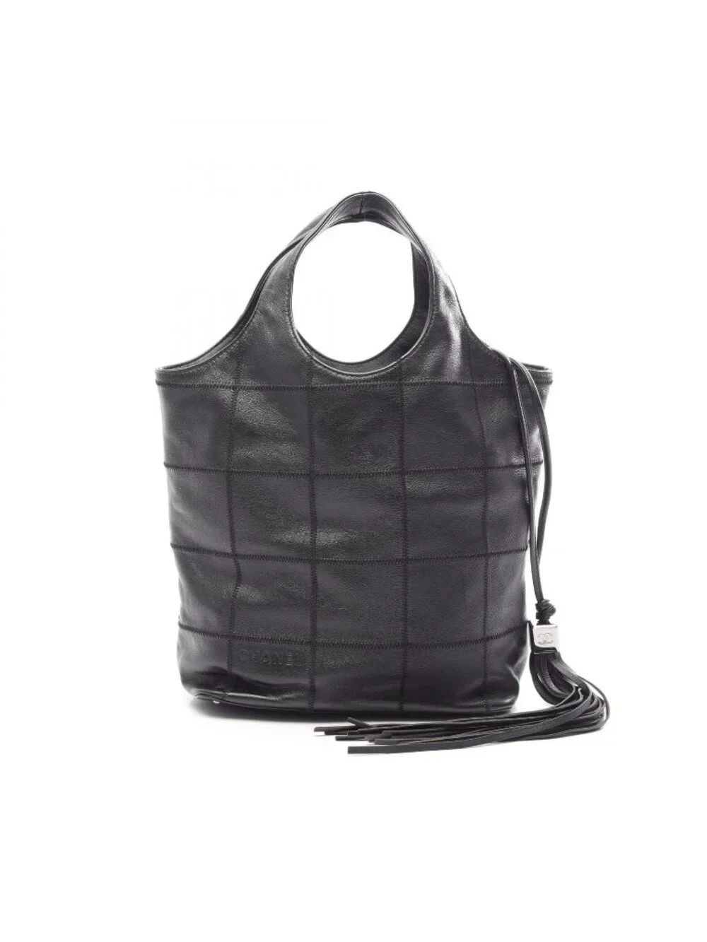 Chanel Handbag Chocolate Bar Drawstring Fringe Black Leather
